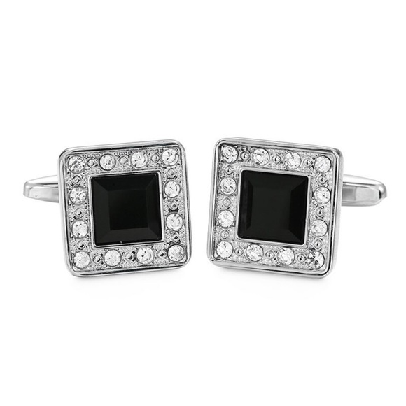 Elegant Black Obsidian and Silver Crystal Square Cufflinks - Picture 1 of 16